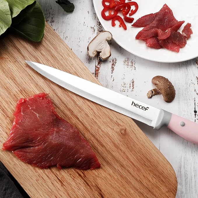 hecef Kitchen Knife Block Set, 14 Pieces Knife Set with Wooden Block & Sharpener Steel & All-purpose Scissors, High Carbon Stainless Steel Cutlery Set (Pink) | Wooden Block, Sharpener Steel, All-purpose Scissors, High Carbon Stainless Steel