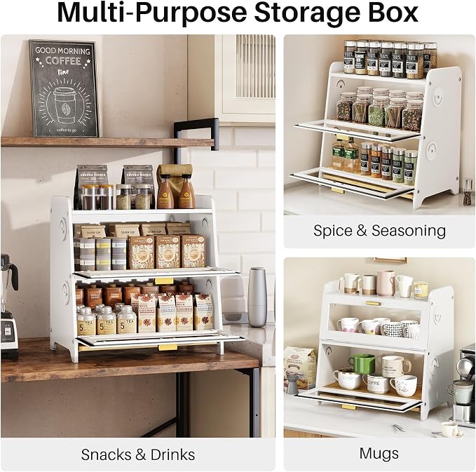 SNTD 2 Tier Bread Box for Kitchen Countertop, Adjustable Ventilation, White | Bamboo Cutting Board, Airtight Design, See-Through Magnetic Door, Bread Storage Container for Homemade Bread, Multi-purpose