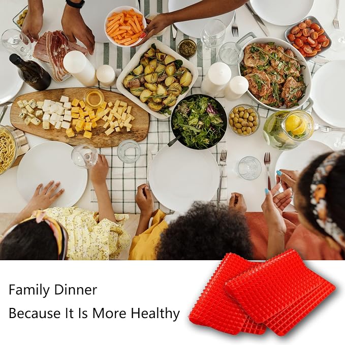 Silicone Baking Mat Pyramid Sheets Cooking Pan 16"x11" 2 Pack-Red | Best Healthy Fat Reducing Nonstick Cooking Mat for Baking Mat with Grid for Oven Grilling BBQ, Baking and Roasting
