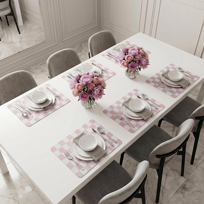 Set of 6 Checkerboard Non-Slip Washable Placemats for Dining Table | Waterproof & Heat-Resistant Faux Leather Mats | Easy Wipe Clean Tablemats for Indoor Dining, 17’’×12’’, Pink