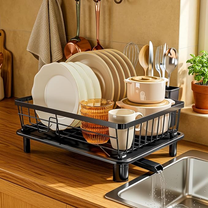 MOUKABAL Dish Drying Rack with Drainboard for Kitchen Counter, Black | 11Ć15 Large Capacity/Rustproof Stainless Steel/Fast Drainage Dish Drainer/Removable Utensil Holder/Kitchen Counter Organizer