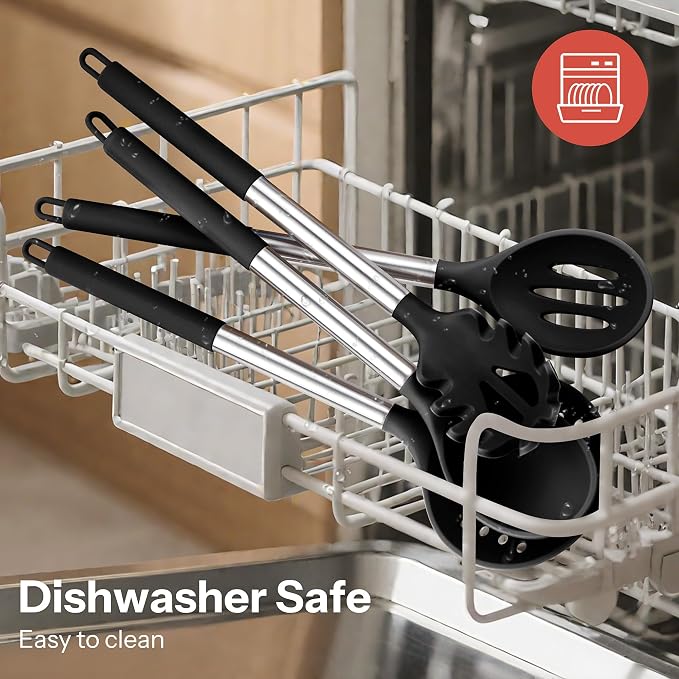 NCUE 28-Piece Silicone Kitchen Utensils Set with Stainless Steel Handles | 446°F Heat Resistant Cooking Utensils Set with Holder, BPA-free Food Grade, Nonstick Cookware Safe, Great for New Home Baking