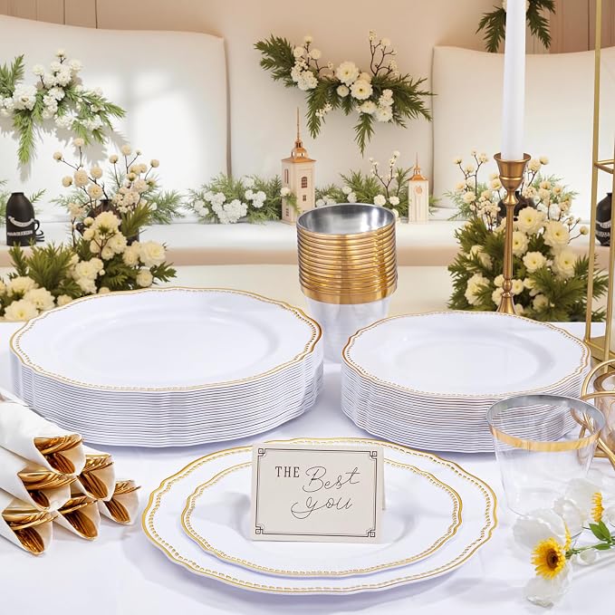 175 Pcs White and Gold Plastic Plates Wedding & Party | Gold Plastic Dinnerware Set Includes 25 Dinner Plates, 25 Dessert Dinnerware, 25 Cups, 25 Rolled Napkin Cutlery