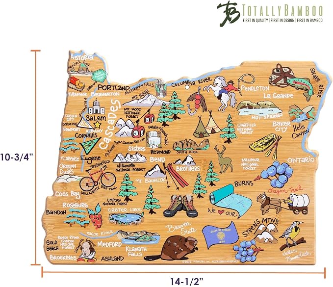 Totally Bamboo Oregon State Shaped Cutting Board, Art by Fish Kiss | State charcuterie board with colorful hand-drawn map artwork. Smooth reverse side for food prep. Hang tie for wall display.