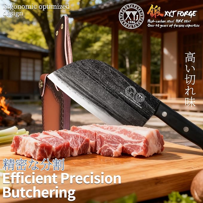 XYJ Authentic Since 1986,Outstanding Ancient Forging, 7.5 Inch Full Tang, Serbian Chefs knife,Chef Meat Cleaver,Kitchen Knives,Set with Leather Sheath,Take Carrying,Butcher