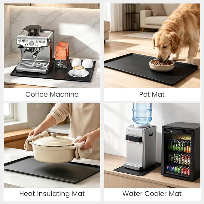 Silicone Coffee Mat, 24''x16'' Coffee Bar Mat for Countertop with Raised Edge, Non Slip Countertop Protector for Espresso Machine, Rolled Ship, Black