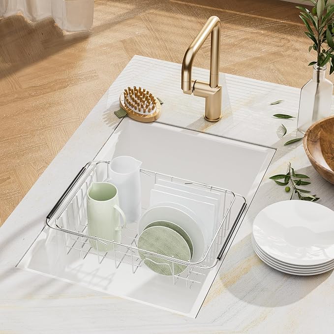 JAQ Over Sink Dish Drying Rack, Expandable 14.96"–22.44" Adjustable Dish Rack for Kitchen Sink, 304 Stainless Steel Dish Drainer with Utensil Holder, Space Saving for Most Standard Kitchen Sinks