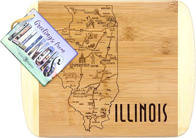 Totally Bamboo A Slice of Life Illinois Engraved Map Cutting Board | 11” x 8.75” charcuterie board with engraved state map artwork. Smooth reverse side for food prep. Hang tie for wall display.