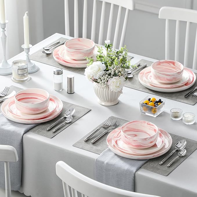 MALACASA 12 Pcs Porcelain Plates and Bowls Sets,Dinnerware Set for 4,Pink | Modern Ceramic Dishware Set,Kitchen Dining Ware,Microwave and Dishwasher Safe,Unique Marble Pink Design,Series LUNA