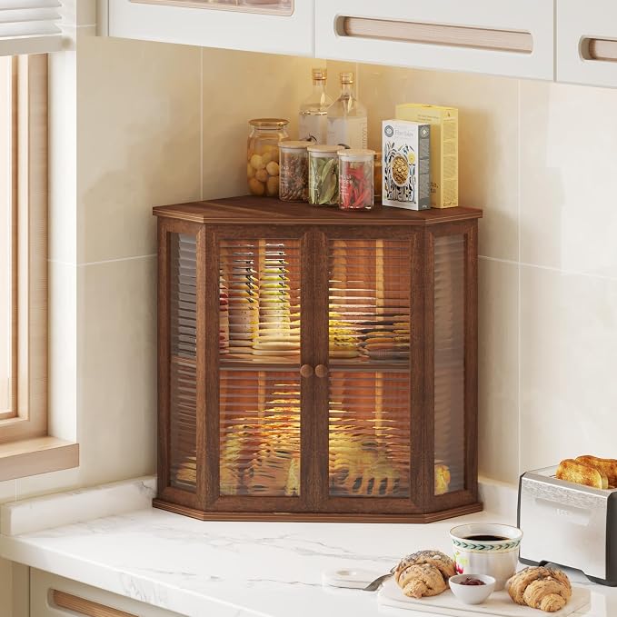 Corner bread box Bread Box for Kitchen Countertop - Corner Bread Storage Box 16.51" H, Premium Wood with Glass Door, Perfect for Homemade Bread, Baguettes & Pastries (Acacia brown)