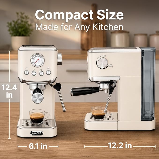 Zulay Kitchen Magia Compact Espresso Machine โ 20 Bar Coffee Maker with Milk Frother Steam Wand, Latte & Cappuccino Maker, 1350W Fast Heating, 40oz Removable Water Tank, Stainless Steel โ Cream