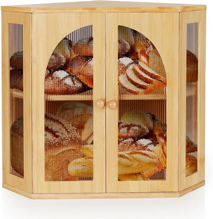 Corner Bread Box for Kitchen Countertop,Double Layer Bread Holder | 3 Adjustable Height, Large Capacity, Magnetic Acrylic Door, Bamboo Bread Storage Container for Homemade Bread, Natural