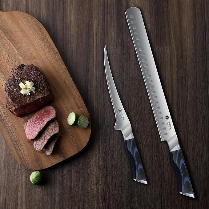 FINTISO Professional BBQ Carving Knife Set, Brisket Slicing and Fillet Knife for Meat Cutting, Japanese High Carbon Steel Slicing Knives with G10 Handle, Full Tang Ultra Sharp Meat Cleaver