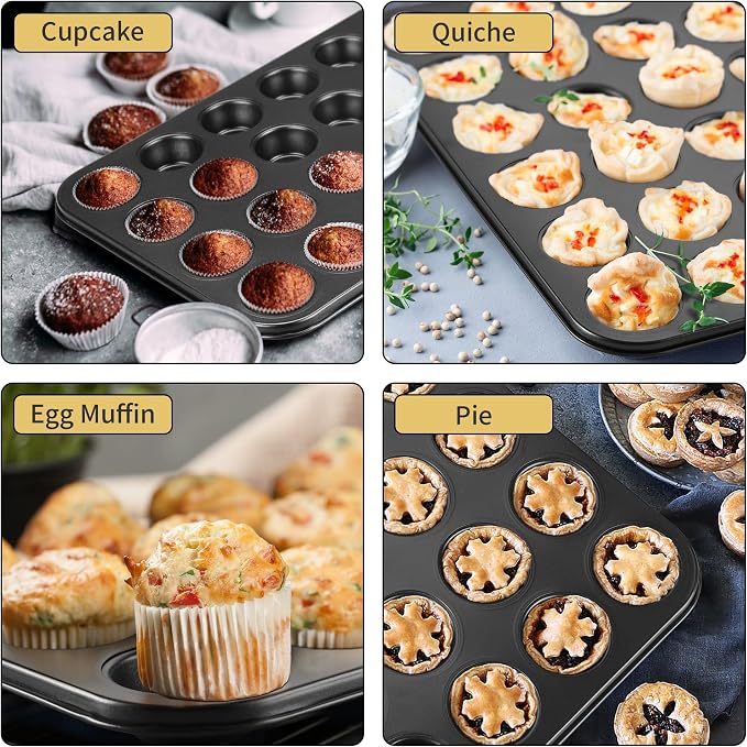 TeamFar Mini Muffin Pan, 24-Cup Non-Stick Cupcake Tray Tin for Baking | Carbon Steel Small Cup Cake Bakeware for Bite-Sized Cheesecake Tart Quiches, Even Baking & Effortless Release & Easy Clean