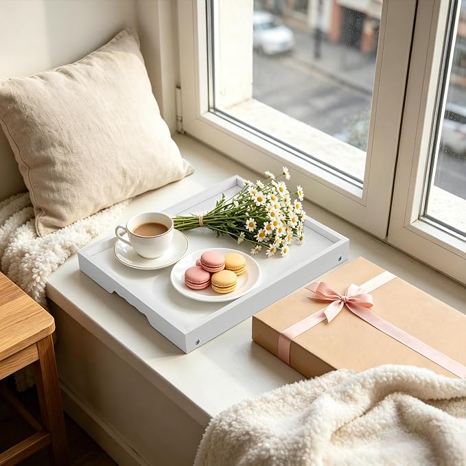 Bamboo Breakfast Trays with Folding Legs, Large, 2-Pack, White | Set of 2 large bamboo bed trays with folding legs and wave handles for meals, laptops and serving in bed.