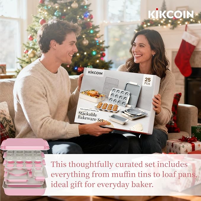 Kikcoin 25-Piece Nonstick Baking Pans Set with Large Turkey Roasting Pan, Stackable Bakeware Set, 450°F Oven Safe Baking Sheet Set with Silicone Handles, Carbon Steel Cookie Sheets for Baking, Pink