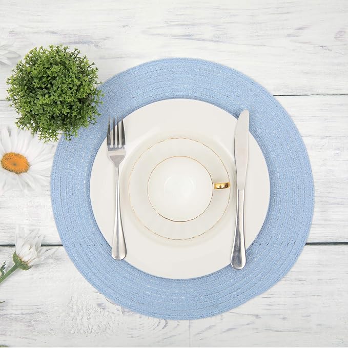 SHACOS Round Braided Placemats Set of 4 Washable 15 inch Round Non Slip Table Place Mats for Dining Tables (Light Blue, 4)