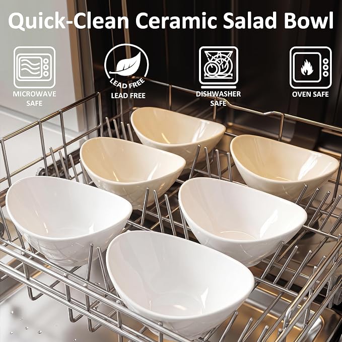 Teocera 7 Inch Salad Bowls Set of 4, 28 oz Large Bowls– Microwave & Dishwasher Safe, for Pasta, Snacks, White