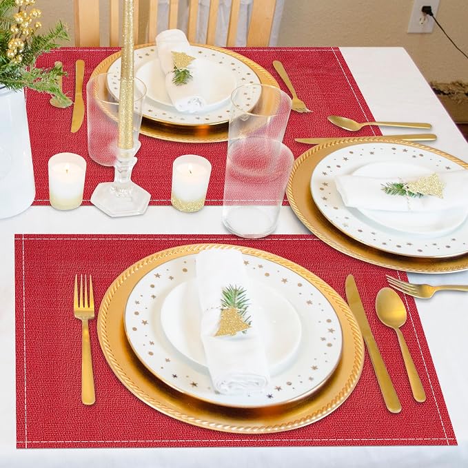 Christmas Placemats Set of 6, 12x18 Inch Rectangular Placemats for Kitchen Table, Red Placemats for Holiday Party Kitchen Dining Room Decoration