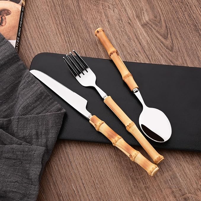 Dinner Fork Set, 8-Piece Natural Bamboo Forks, 18/8 Stainless Steel with Bamboo Handle, Silver Mirror Finish, Unique Design, 8.27 Inch