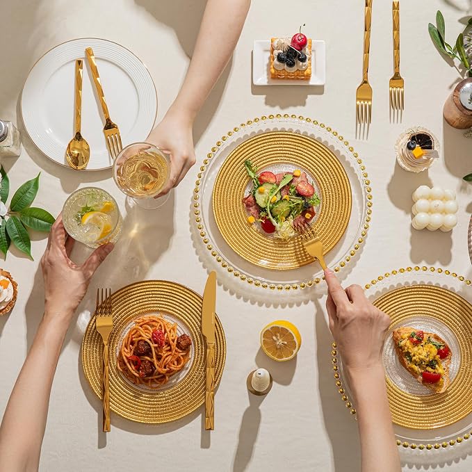 20 Piece 18/10 Gold Silverware Set, Stainless Steel Flatware Cutlery for 4 | KINGSTONE Luxury Silverware with Diamond Cut Pattern, Mirror Polished Utensils for Kitchen, Wedding, Party, Dishwasher Safe