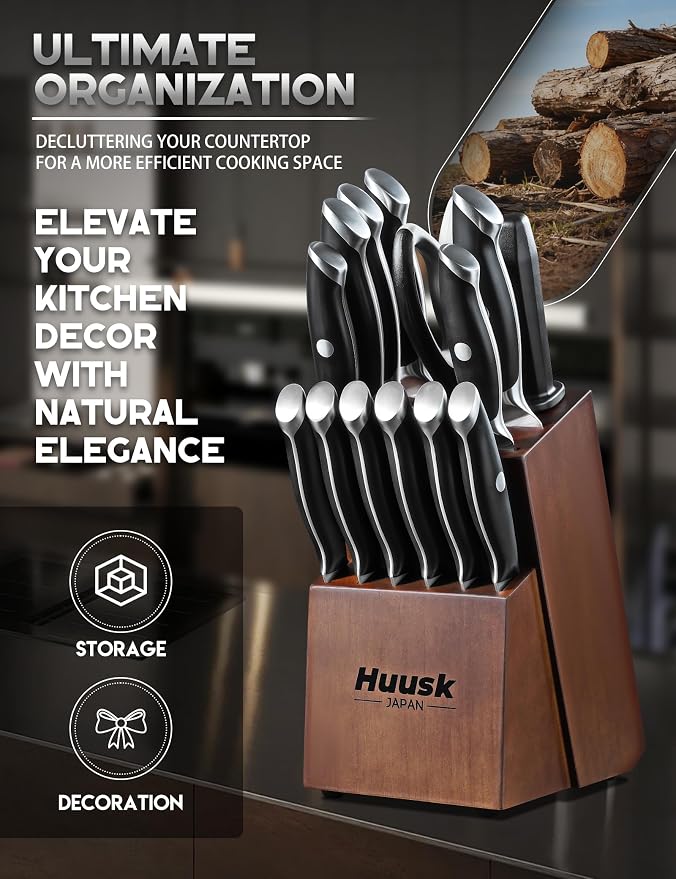 Huusk Kitchen Knife Block Set - Chef Knife Set with Acacia Block Black 14PC | Japanese Stainless Steel, Long-Lasting Edge, Full Tang Ergonomic, All-in-One for Daily Cooking, Elegant Wedding Gift