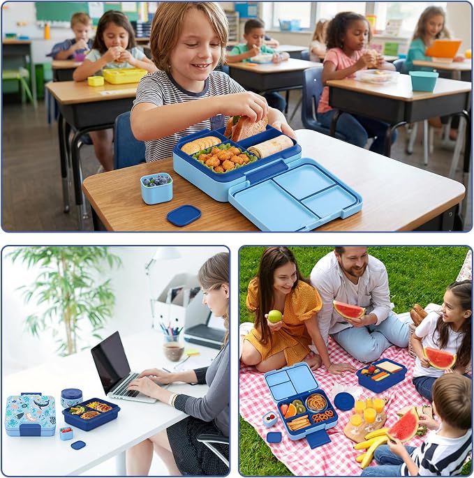 Kids Bento Lunch Box Set with 9.5oz Soup Thermo, Leak-Proof Lunch Food Containers with 3 Compartment and Removable Inner Tray, Insulated Hot Food Jar with Lunch Bag for School, Office, Sea Blue