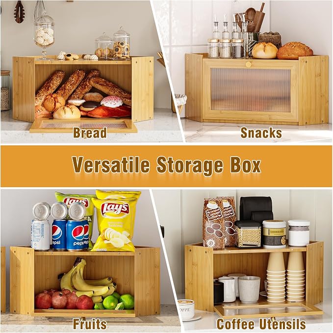 Trironsun Corner Bamboo Bread Box for Kitchen Counter Large Capacity Rustic Bread Storage Container with Wavy Arcylic Transparent Door Vintage Storage for Homemade Bread (Natural Bamboo)