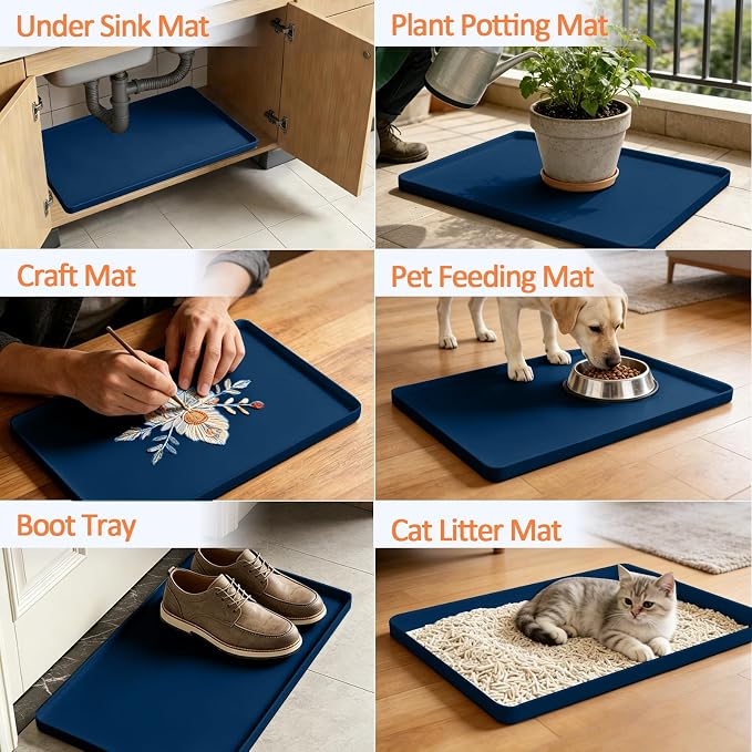 Silicone Coffee Maker Mat with Lip for Countertops, 15.7''x11.8'' Navy Blue | Multi leak-proof coffee tray for countertop, non-slip silicone mat fits most coffee makers & espresso machines, wipe-clean