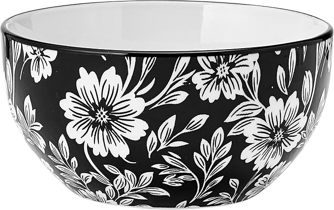 Pfaltzgraff Midnight Blooms 12 Piece Floral Stoneware Dinnerware Plate Bowl Dish Set, Service for 4, Black