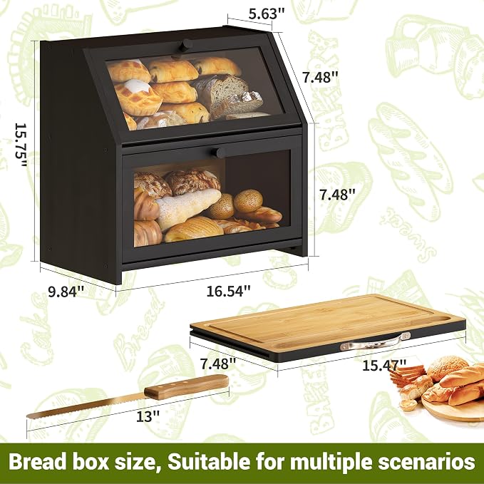 BMOSU Bread Box with Cutting Board Kitchen Bread Storage Organizer Farmhouse Countertop Double Bamboo Wood Bread Box(Black)