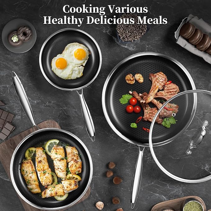 Innerwell Nonstick Titanium Ceramics Stainless Steel Frying Pan Set | Non Stick Egg Omelet Cooking Pan Set, Stay Cool Handle, Induction & Oven Safe, PFAS/PFOA/PTFE Free