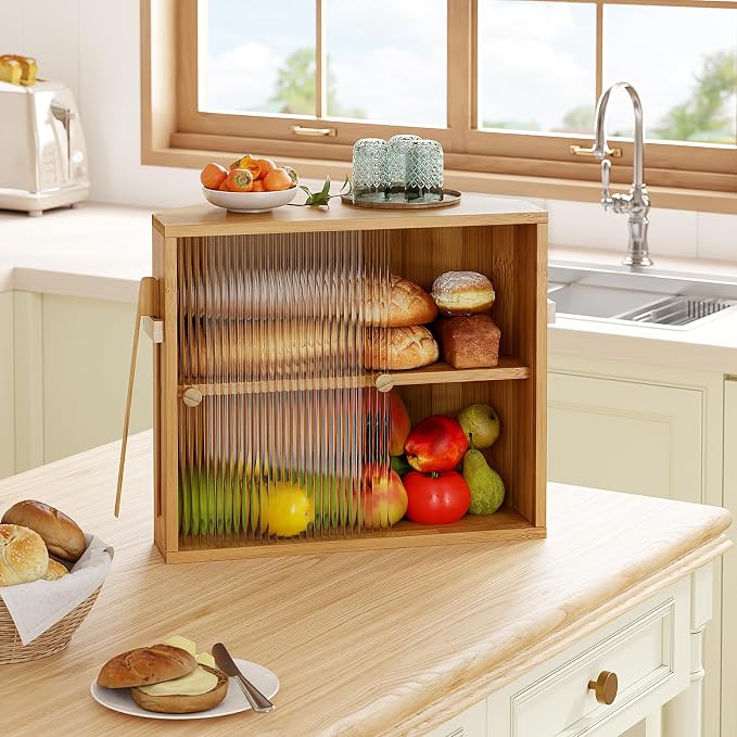 Corner Bread Box with Sliding Acrylic Doors, Double Layer Bread Bin | Bread Box for Kitchen Countertop, Bamboo Bread Storage Container, Large Capacity Vintage Farmhouse, Natural, Meduim