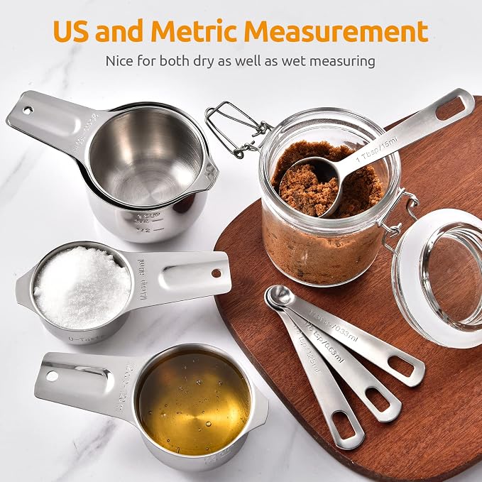 U-Taste Measuring Cups and Spoons Set of 15, 2 D-Rings & 1 Conversion Chart | 18/8 Stainless Steel Teaspoon Tablespoon, Stackable Metal Measuring Set, Magnetic Measure Chart, Kitchen Baking Cooking Food