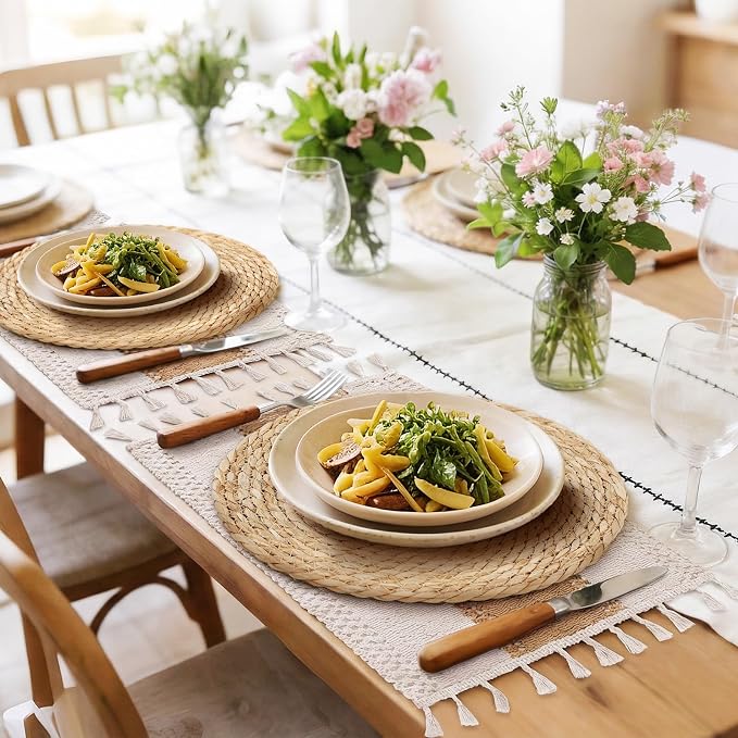 Placemats Set of 8 - Rattan Round Place Mats & 11.8” x 17” Cotton Braided Placemat for Dining Table Setting, Rustic Farmhouse Boho Wedding Decor, Wicker Woven Charger Dinner Plates, 16Pcs