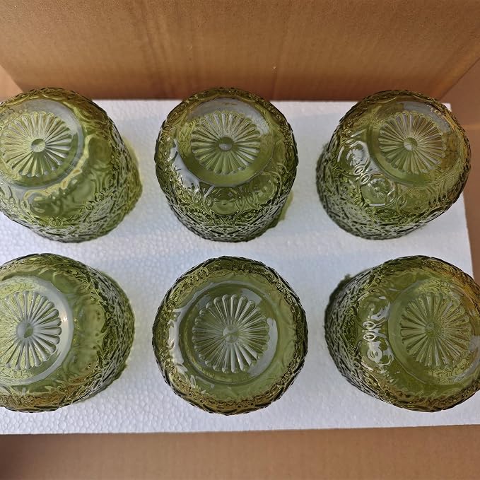 Green Vintage Drinking Glasses Set of 6, 14 oz hobnail drinking glasses Glassware Embossed Green Water Tumbler for Beer, Juice, Cocktail, Whiskey, Milk