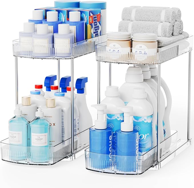 2 Pack Large Pull Out Bathroom Organizers and Storage,2 Tier 12.8″ Tall Sliding Kitchen Under Sink Organizer for Cleaning Products Storage,Acrylic Clear Bathroom inder Sink Organizer,Undersink Storage