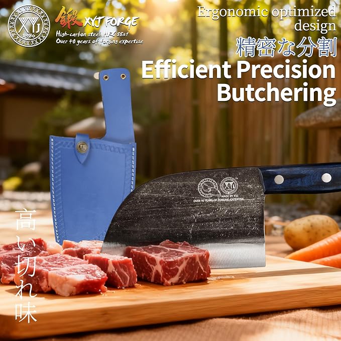 XYJ Serbian-Style Chef's Knife with Sheath, 6.7" Heavy-Duty Meat Cleaver | Antique Forged Butcher Knives, Serbian Chefs Knife for Kitchen & Outdoor Use, Full Tang Construction