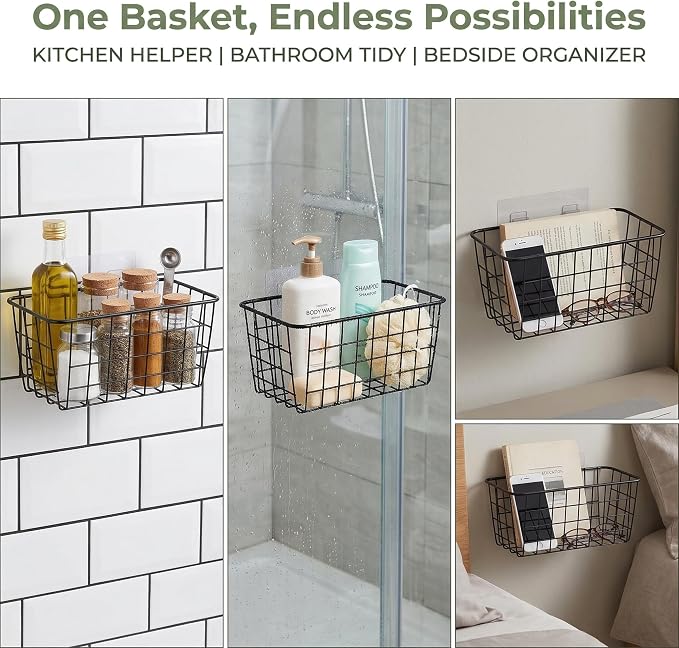 2 Set Adhesive Hanging Wall Basket Inside Cabinet Door Organizer,Wall Storage Basket-No Drilling Adhesive wall Basket for Cupboard Door,Space-Saving Small Hanging Baskets for Wall Mount Storage,Black