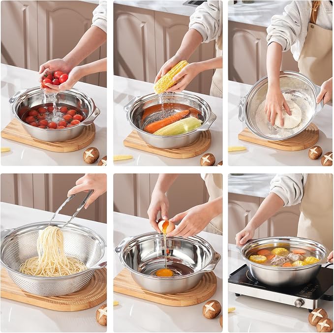 Colander for Kitchen Stainless Steel, 4QT Rice Strainer Bowl with Handle for Washing Pasta, Spaghetti, Vegetables, Fruit, Durable Use, Dishwasher Safe(2PC)