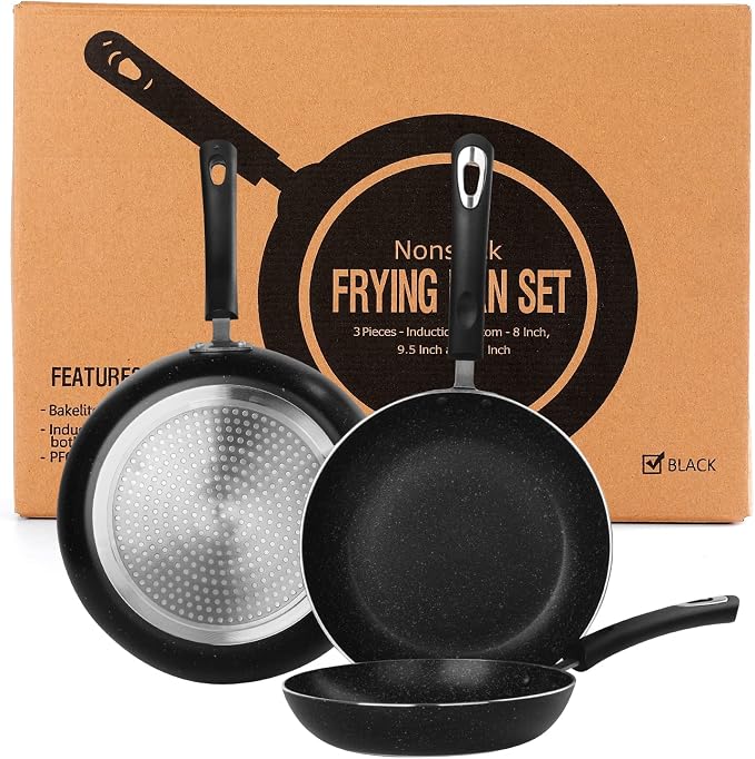 Nonstick Frying Pan Set-3-Pieces Skillet Set Induction Compatible,8 Inch,9.5 Inch and 11 Inch Omelette Pan with Bakelite Handles