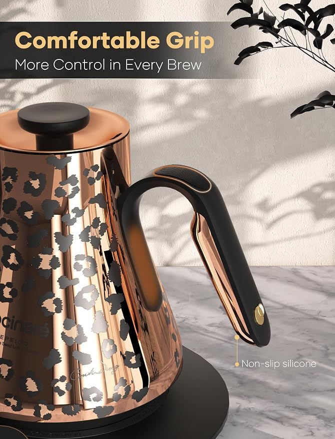 Cocinare Artisan Collection Gooseneck Electric Kettle, ±0.5°F Temperature Control for Pour Over Coffee & Tea, 1500W Fast Heating, Stainless Steel Interior, 0.9L, Wild Gold Design