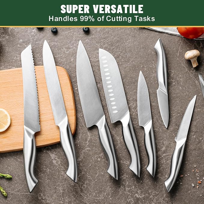 Knife Set, EWFEN 14-Piece Kitchen Knife Set with Block, German Stainless Steel Knives with Built-in Knife Sharpener, Anti-Slip Sharp Knives Set for Kitchen, Dishwasher Safe, Curved Handle