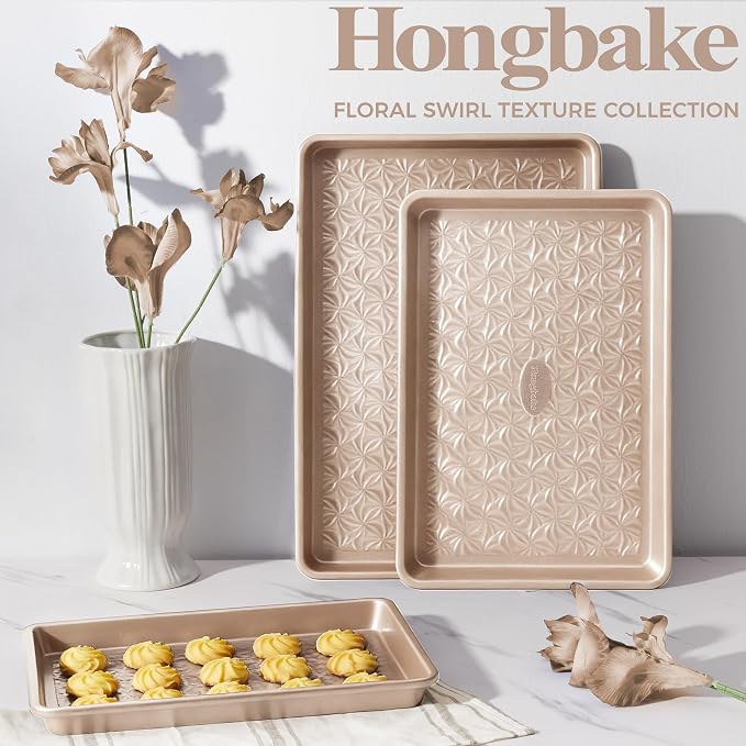 Nonstick Baking Sheet Pan Set of 3, Cookie Sheets for Oven, Non-Toxic Half/Quarter/Jelly Roll Pans with Floral Swirl Texture, Heavy Duty 0.8mm Thick Oven Trays for Cooking, Champagne Gold