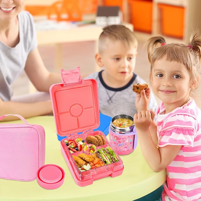 Pawtong Bento Lunch Box Set With 10oz Soup Thermo, Leak-proof Lunch Containers with 4 Compartment, Kids Hot Thermo Food Jar/Insulation Lunch Bag, Food Containers for School(Mermaid)