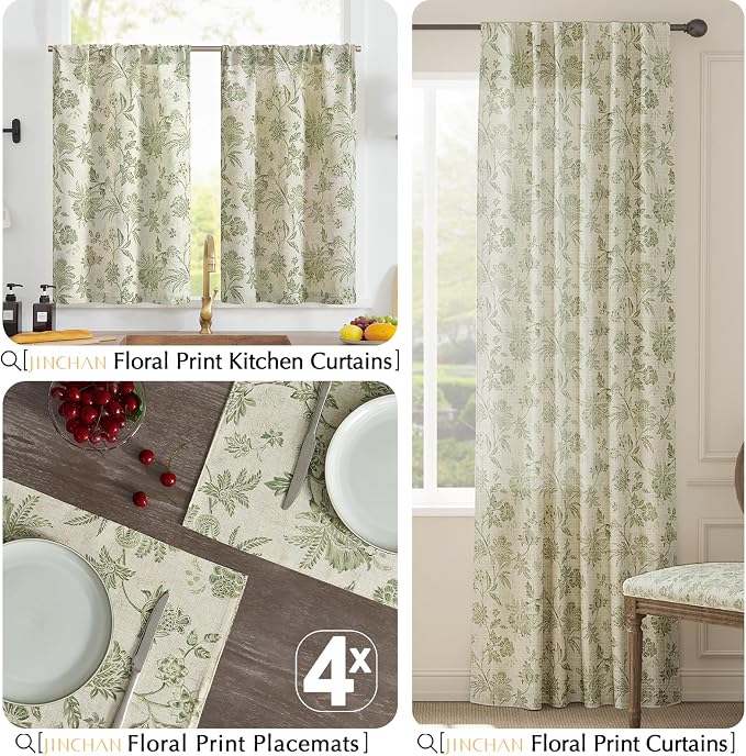 JINCHAN Sliva Linen Floral Placemats Set of 4 Farmhouse 13x19 Sage Green | Fabric Placemats, Cottage Style, Painterly Floral Pattern, Machine Washable, Easy to Store, Reusable