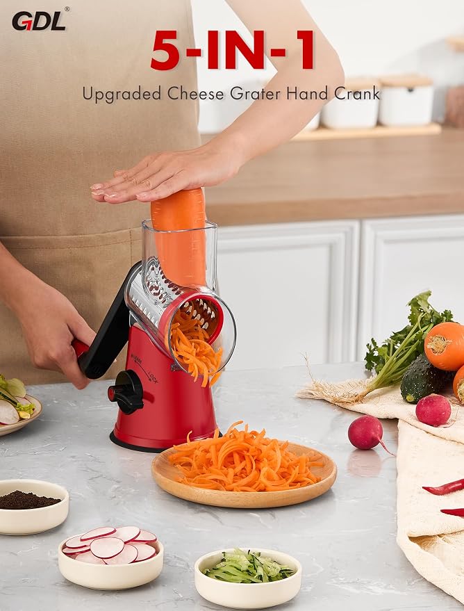 GDL Upgraded 5 in 1 Rotary Cheese Grater, Cheese Shredder Vegetable Slicer | 5 Stainless Steel Blades, Non-slip suction base, No BPA, Dishwasher Safe, Wavy Slicing, 12x Faster for Veggie, nut, ice