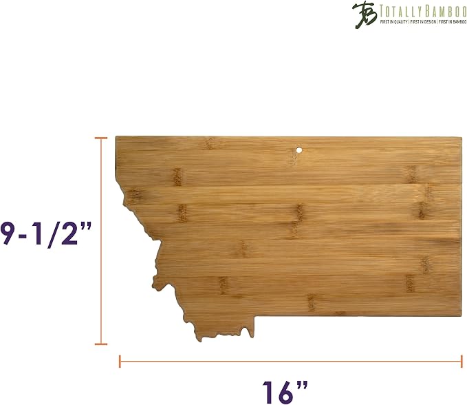 Totally Bamboo Montana State Shaped Bamboo Serving and Cutting Board | State charcuterie board with natural bamboo grain. Knife-friendly surface for food prep. Hang tie for wall display.