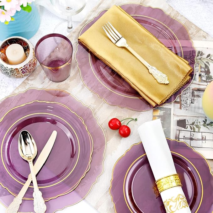 KIRE 210Pcs Purple Plastic Plates with Gold Rim& Silverware &Cups&Hand Napkin - Baroque Clear Plastic Dinnerware for Upscale Wedding/Parties Plates | Include 60pcs Clear Purple and Gold Plates, 30pcs Plastic Silverware, 30pcs Napkins and 30pcs Cups Ser...