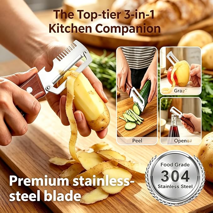 2 Pack Premium Vegetable Peeler with Wooden Handle and Bottle Opener,Stainless Steel Peeler,Vegetable Peeler for Kitchen, Peeling Fruits and Shredding Scallions